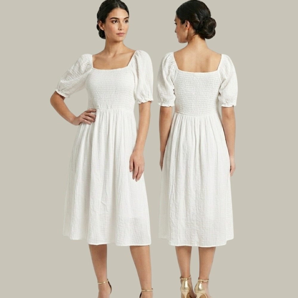 Hayden Los Angeles Dress Womens Large White Cotton Smocked Puff Sleeve HY2474